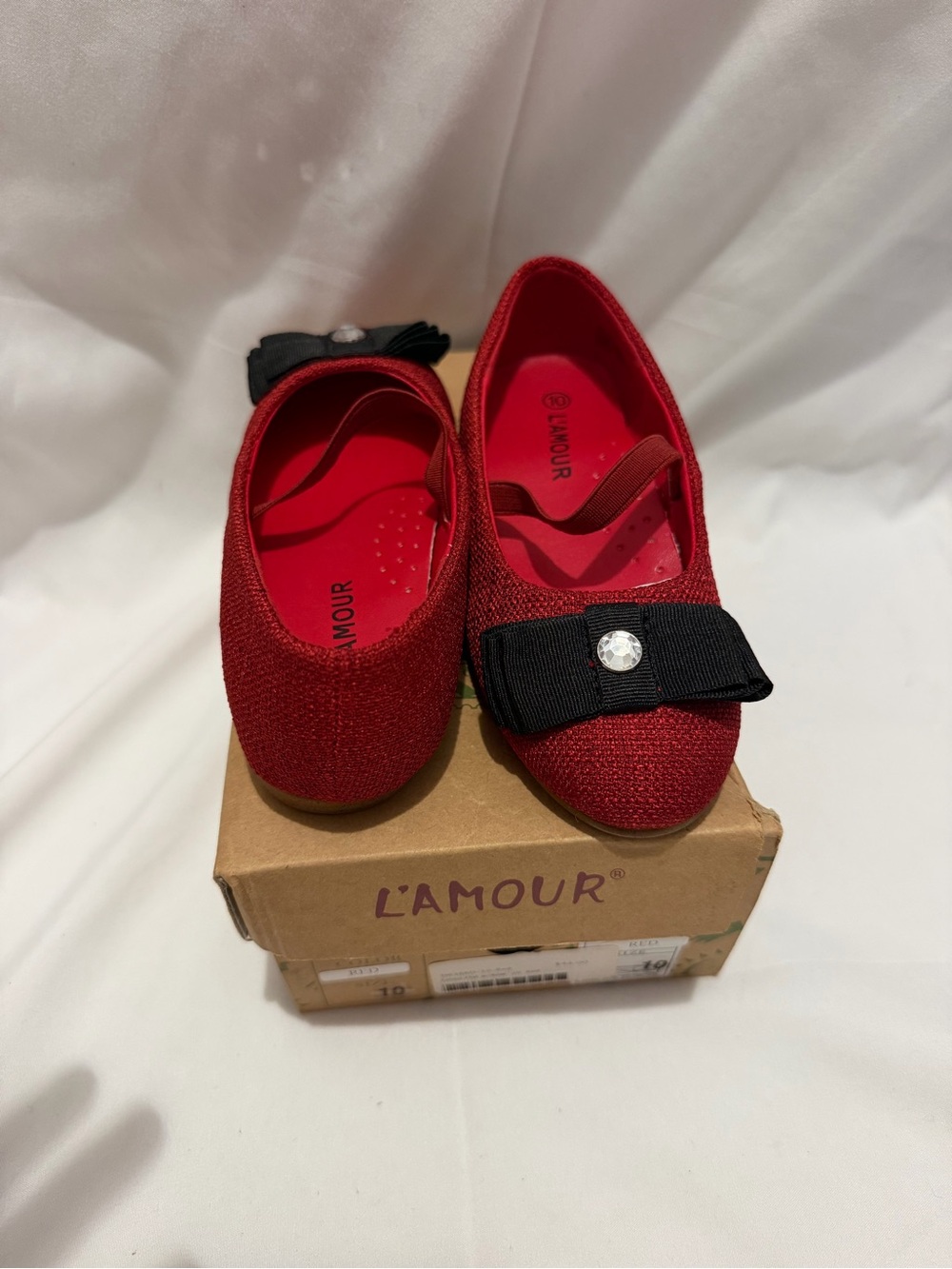 NWT L'Amour Girls Red Linen Bow Flats Mary Jane Size 10
